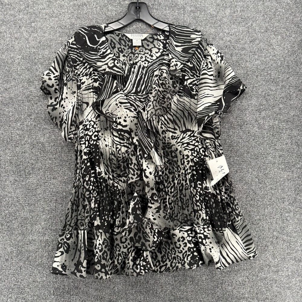Allison Taylor Blouse Womens 2X Black Ruffle Button Up Crinkle Pleated 90s Retro